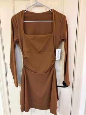 Women's Long-Sleeve Square Neck Caramel Brown Dress